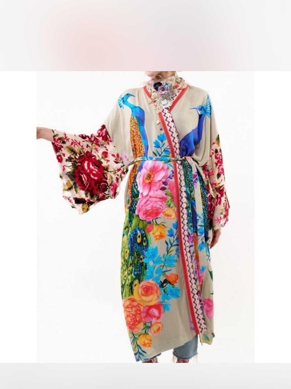 ARATTA Floral Peacock Kimono Dress in Beige with Multicolor Print